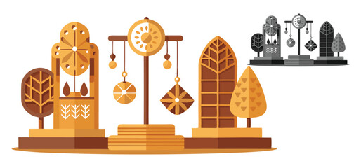 Abstract decorative illustrations featuring geometric shapes and stylized elements representing clocks and trees with ornamental designs.