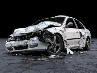 damaged white car with severe dents and scratches, resting on dark surface, evokes sense of loss and destruction. wreckage highlights impact of collision