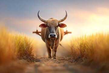 strong ox pulling wooden plow through rice field at sunset, traditional farming scene, rural Asian landscape, warm golden lighting,