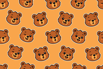 Cute Brown Bear Faces Seamless Pattern Orange Background