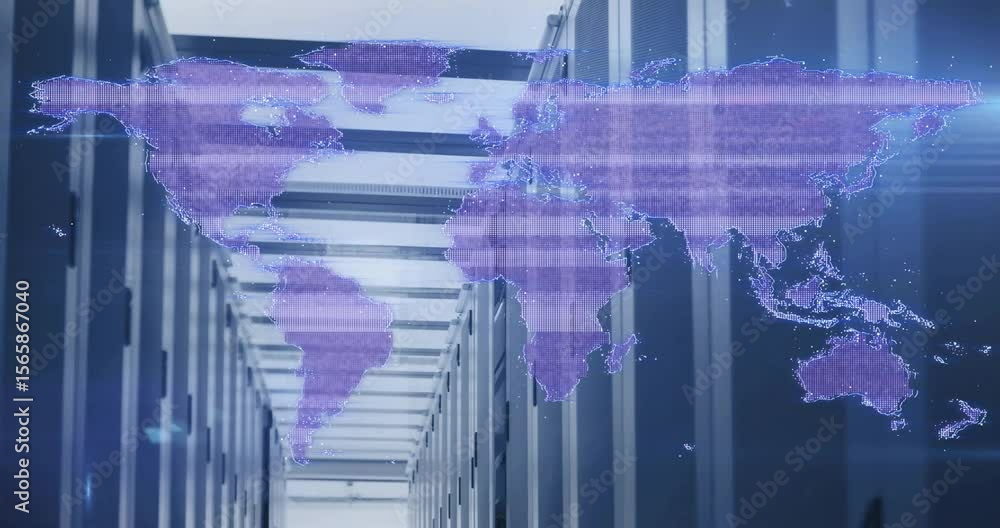 Poster on startup server corridor overlaying digital map glitching scanning data while showing data flow