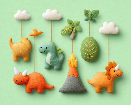 whimsical baby mobile with dinosaurs plush toys, triceratops, brontosaurus, volcano, leaves, soft green and orange color scheme