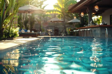Premium Quality Visual of Swimming Pool with Bar in a Luxury Tropical Hotel Apartment Resort