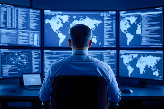 Cybersecurity Operations Center Analyst Monitoring Global Threats