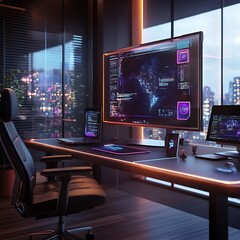 Naklejka premium A sleek AI powered workspace with holographic