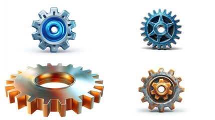 Four mechanical gears with varied metals, on white. For tech or design