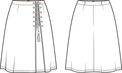 Lace up front skirt flat sketch, technical drawing, fashion garment design, front and back view, modern women's midi skirt style