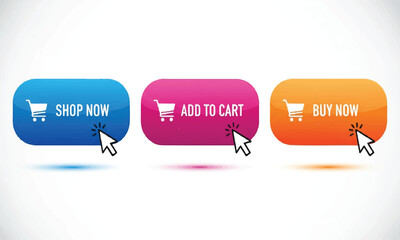 Fototapeta premium Shop now, add to cart, buy now buttons with shopping cart icon on white background