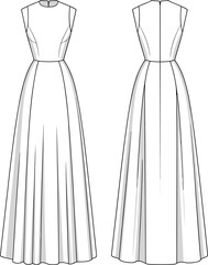 Long formal sleeveless dress fashion cad, front and back technical sketch, elegant gown vector illustration, flat garment design drawing