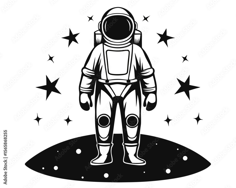 Poster a striking graphic representation of an astronaut in a dynamic pose rendered as a clean silhouette w