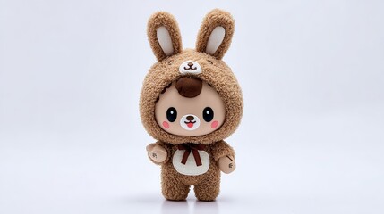 Cute plush toy with brown fur, rabbit ears on head, holding animal-shaped sticker, standing upright in front of white background; clear details, bright colors, high saturation, soft lighting