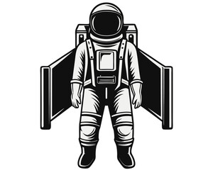 Stylized graphic of a lone astronaut in a classic suit rendered in bold black yellow cyan and magenta colors suitable for space exploration themes