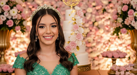 Teenager girl smiling and celebrating her fifteen years party with floral decorations and cake