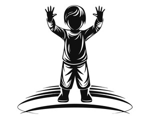 A stark black silhouette of a young child standing against a clean bright white background conveying innocence and simplicity in its design