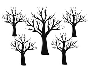 A striking collection of bare deciduous trees artfully rendered with stark silhouettes against a clean isolated backdrop perfect for seasonal or naturalistic design themes