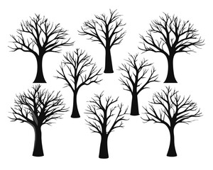 A striking collection of bare deciduous trees artistically rendered with stark branches presented on a clean white backdrop for versatile design applications