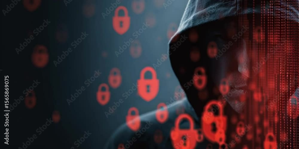 Poster abstract representation of digital security with the head and shoulders of an anonymous male in a bl