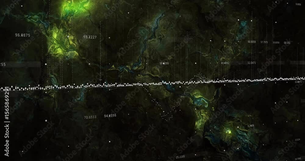 Poster loading map, dot waveform undulating as labels updating, green patch pulsing showing data growth