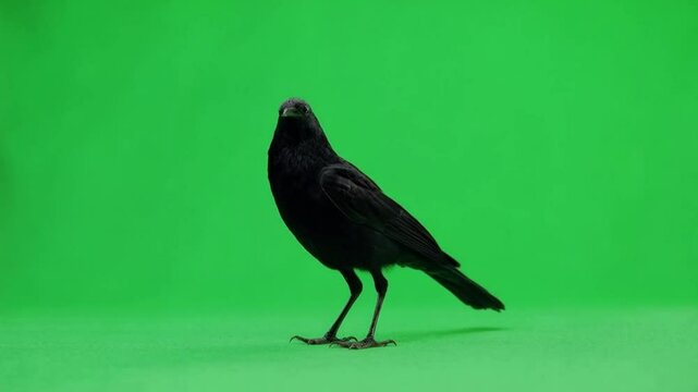 A single black crow standing on a green screen background looking to the left side view of the bird green screen bird video