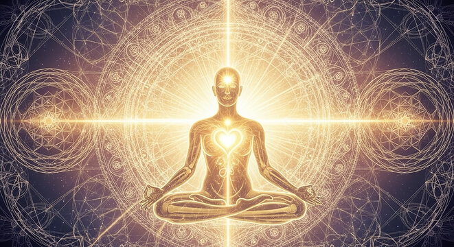 Fototapeta Meditating person connecting with inner self and universe