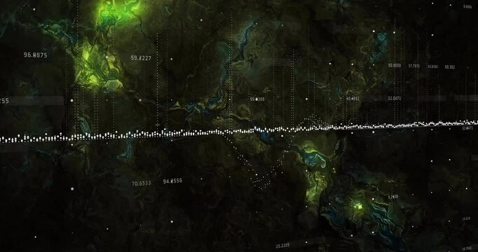 Loading map, dot waveform undulating as labels updating, green patch pulsing showing data growth