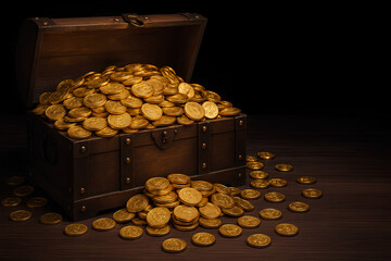 An old wooden chest overflows with shiny gold coins on a dark wooden surface.