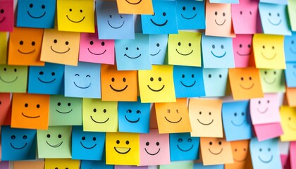 Vibrant wall of colorful sticky notes with expressive faces and emotions.