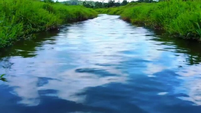 Sungai luas di padang rumput Amerika Tengah, rumput tropis, aliran stabil dan reflektif, Realistis, 3D look (cinematic), Statis (kamera diam), Smooth (gerakan tidak tersendat), 4K resolusi, Loopable