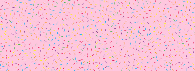 Colorful donut sprinkles seamless pattern. Strawberry candy cream background. Cake glaze icing overlay for decorative banner, poster, template. Cupcake or ice cream topping texture. Vector wallpaper