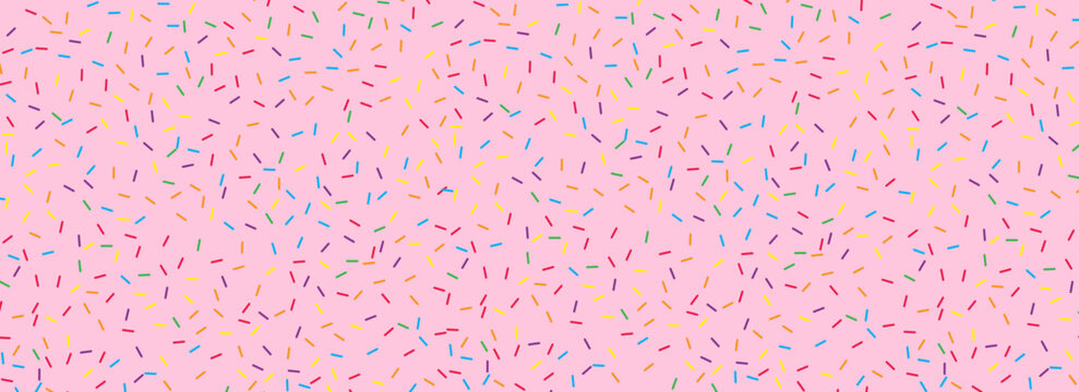 Fototapeta Colorful donut sprinkles seamless pattern. Strawberry candy cream background. Cake glaze icing overlay for decorative banner, poster, template. Cupcake or ice cream topping texture. Vector wallpaper