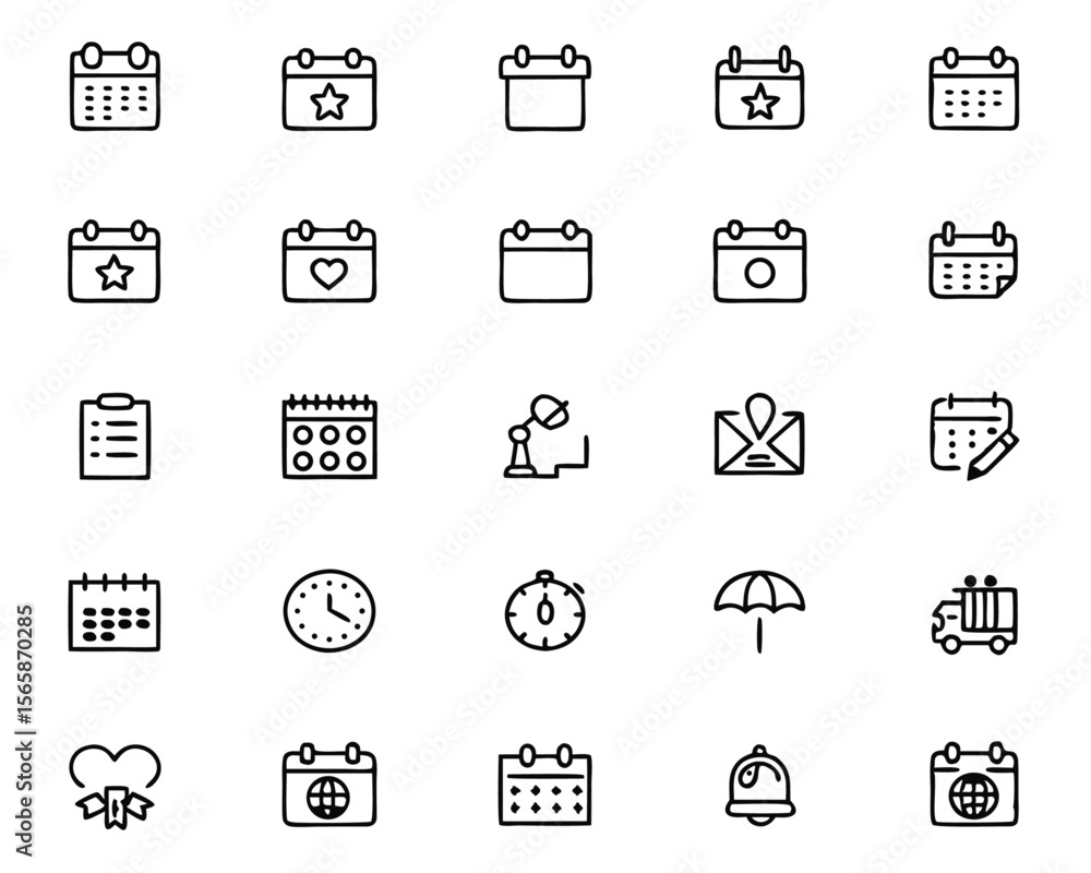 Poster a comprehensive collection of thin line graphics representing various calendar and event related act