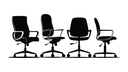 Obraz premium Black Silhouette of Four Office Chairs with Armrests and Casters on White Background