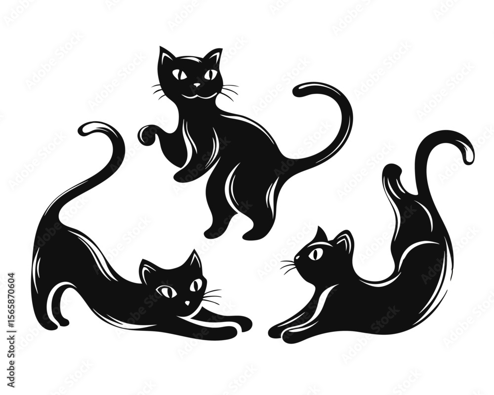 Poster collection of distinct feline silhouettes showcasing various poses and forms presented as isolated g