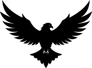 Soaring eagle with wings spread wide, silhouette with white background.