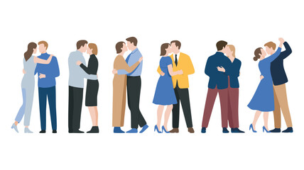 Diverse Couples Embracing and Kissing Flat Illustration on a White Background