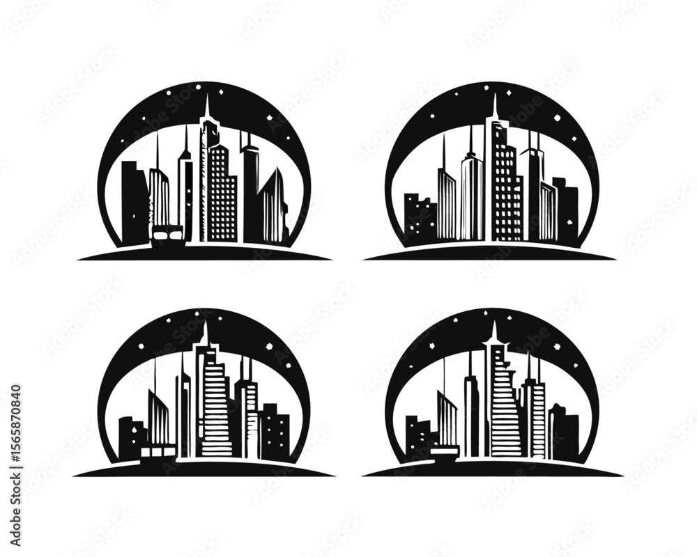 Poster urban architectural cityscapes collection featuring distinct building outlines and metropolitan stru