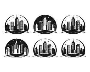 Fototapeta premium Urban cityscape collection featuring a diverse array of architectural silhouettes in striking black yellow cyan and magenta color palettes for creative projects