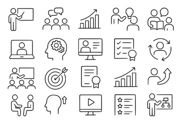 Business Training and Management Line Icons Set - Leadership, Presentation, Team Building Vector Symbols