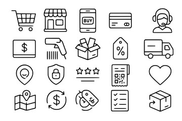 E-commerce and Online Shopping Icon Set - Retail, Payment, and Customer Service Line Icons