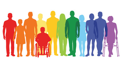 Diverse Group of People Silhouettes in Rainbow Colors, Including Wheelchair User and Walker