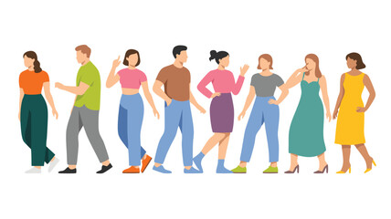 Obraz premium Diverse Group of People Walking and Posing in Colorful Casual Clothing on White Background