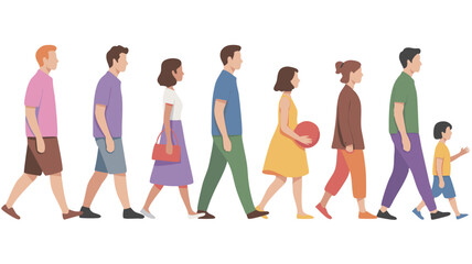 Diverse Group of People Walking in a Line, Variety of Ages and Outfits