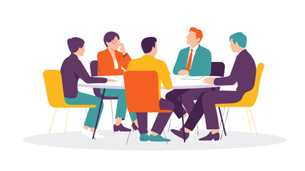 Five People Gathered Around a Round Table Having a Meeting Illustration