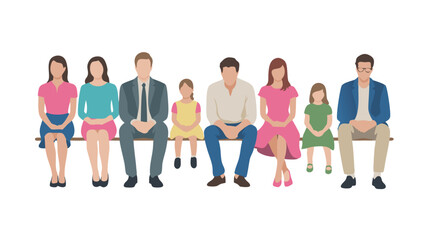 Obraz premium Flat Illustration Two Families with Daughters Sitting on a Wooden Bench
