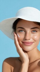 relaxed sunscreen care A smiling woman applying sunscreen, radiating happiness in a sunlit setting, perfect for wellness and beauty themes. relaxed sunscreen care