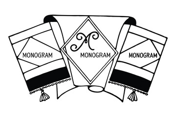 Elegant black and white monogram design featuring ornate scrollwork and framed central monogram suitable for logo creation.