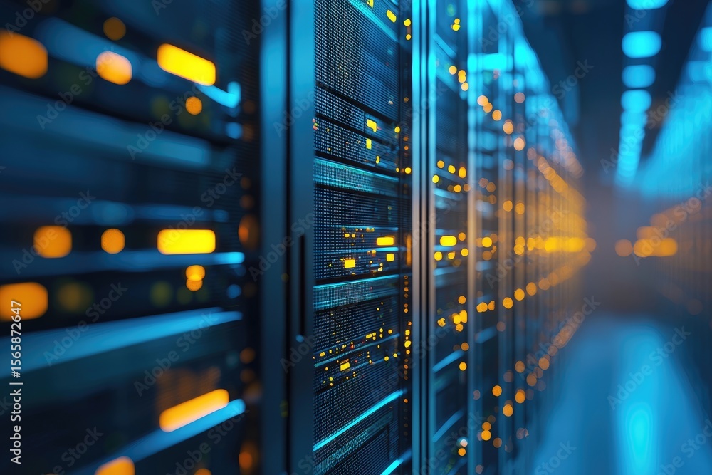 Aufkleber Modern data center corridor with illuminated server racks, showcasing high-performance computing infrastructure, cloud technology, and secure digital network environments