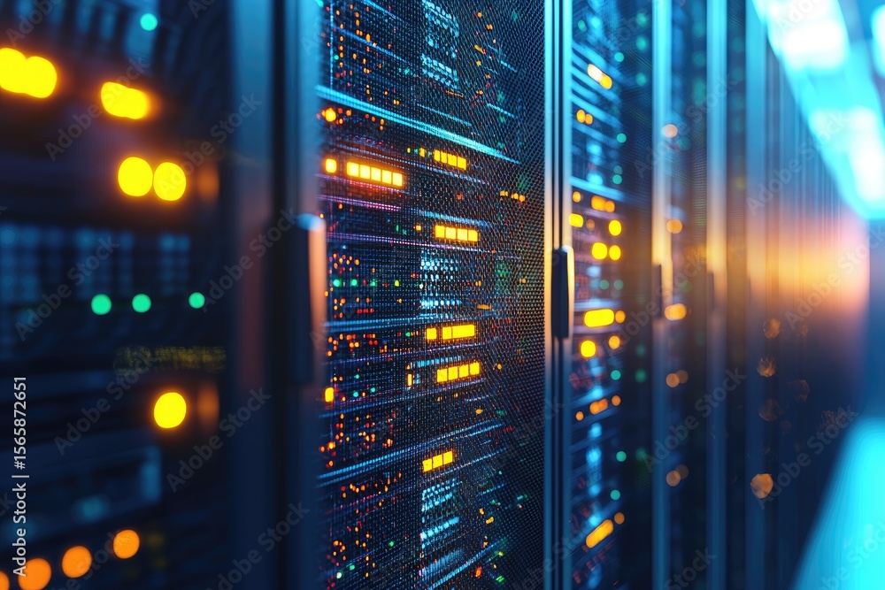 Leinwandbilder server racks with vibrant lights in a futuristic data center hallway, symbolizing digital infrastruc