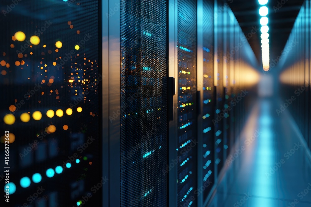 Aufkleber High-security data center hallway with glowing server racks and illuminated indicators, representing modern digital infrastructure, cloud computing, and secure data storage