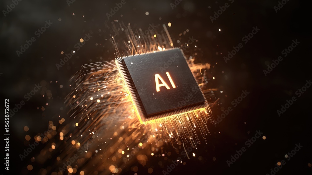Poster 3D render of glowing AI microchip with digital circuitry and sparks on dark background, symbolizing artificial intelligence, innovation, and advanced computing systems